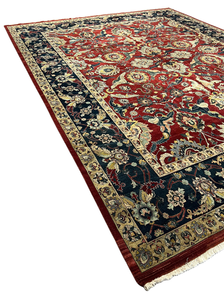 Red &amp; Navy Floral Indian Agra Style Rug – 12’1” x 15’10”