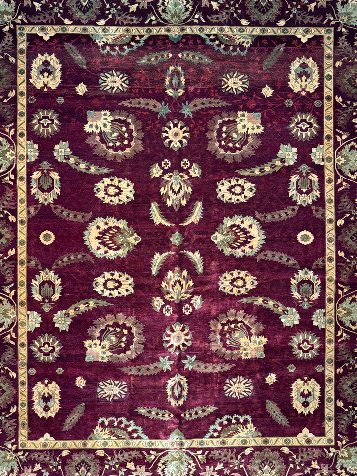 Burgundy &amp; Sage Floral Agra Style Rug – 12’3” x 14’10”