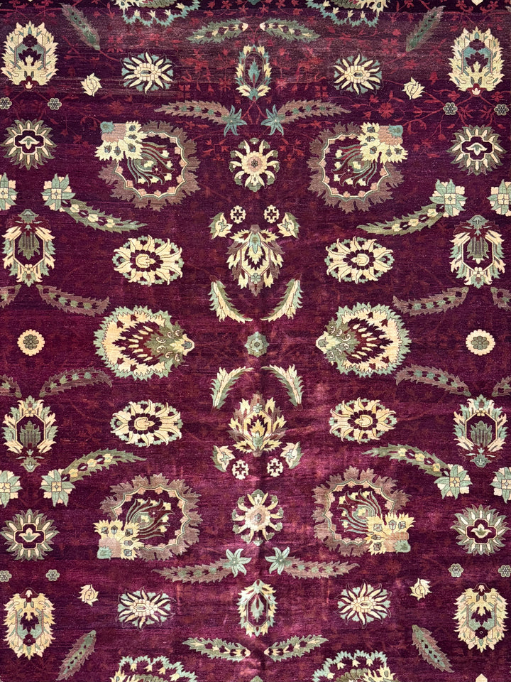 Burgundy &amp; Sage Floral Agra Style Rug – 12’3” x 14’10”