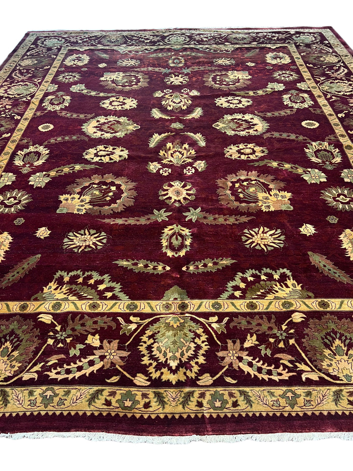 Burgundy &amp; Sage Floral Agra Style Rug – 12’3” x 14’10”