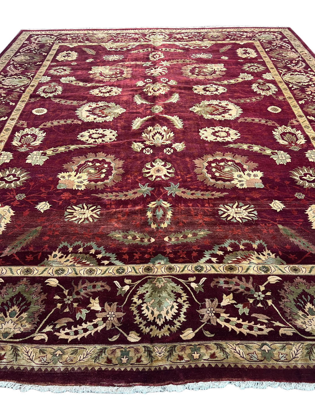 Burgundy &amp; Sage Floral Agra Style Rug – 12’3” x 14’10”