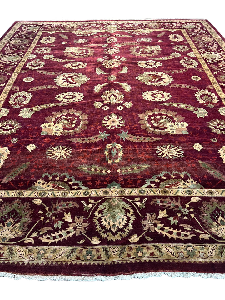 Burgundy &amp; Sage Floral Agra Style Rug – 12’3” x 14’10”