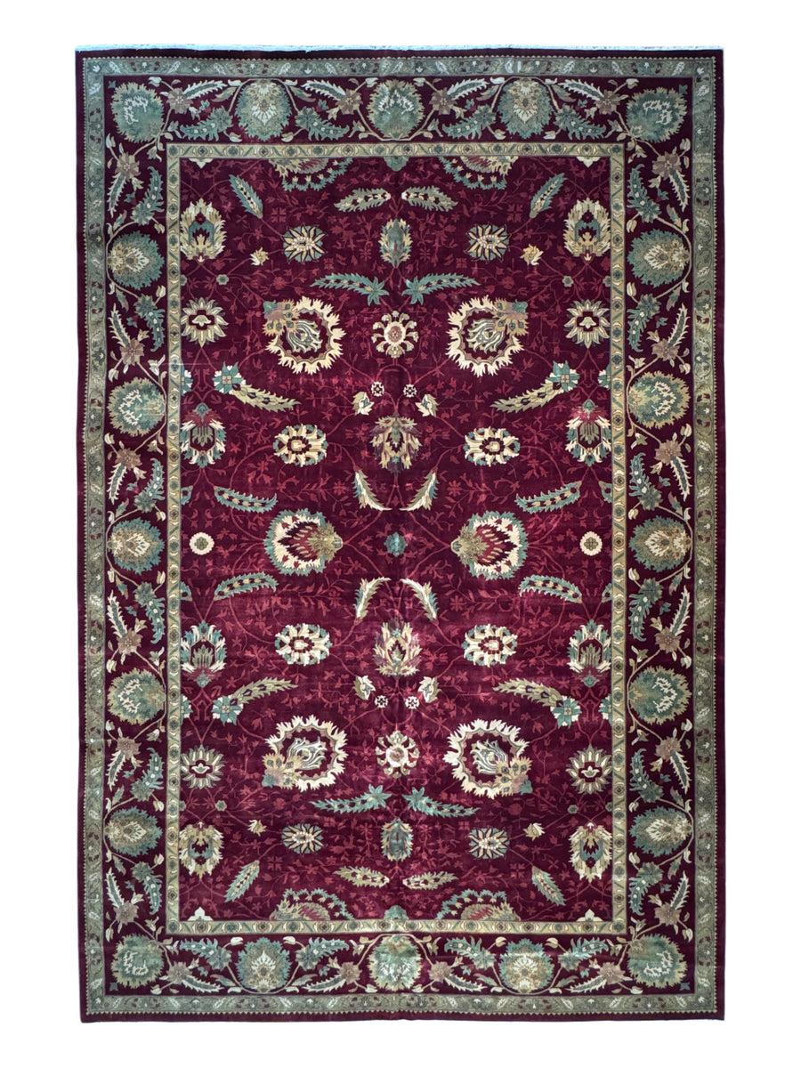 Burgundy & Sage Floral Agra Style Rug – 11’10” x 18’