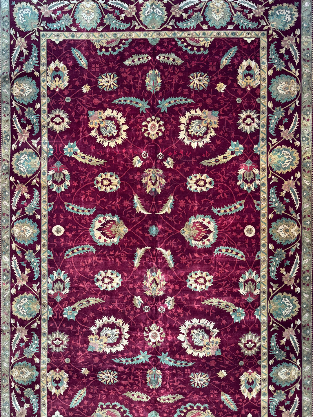 Burgundy &amp; Sage Floral Agra Style Rug – 11’10” x 18’