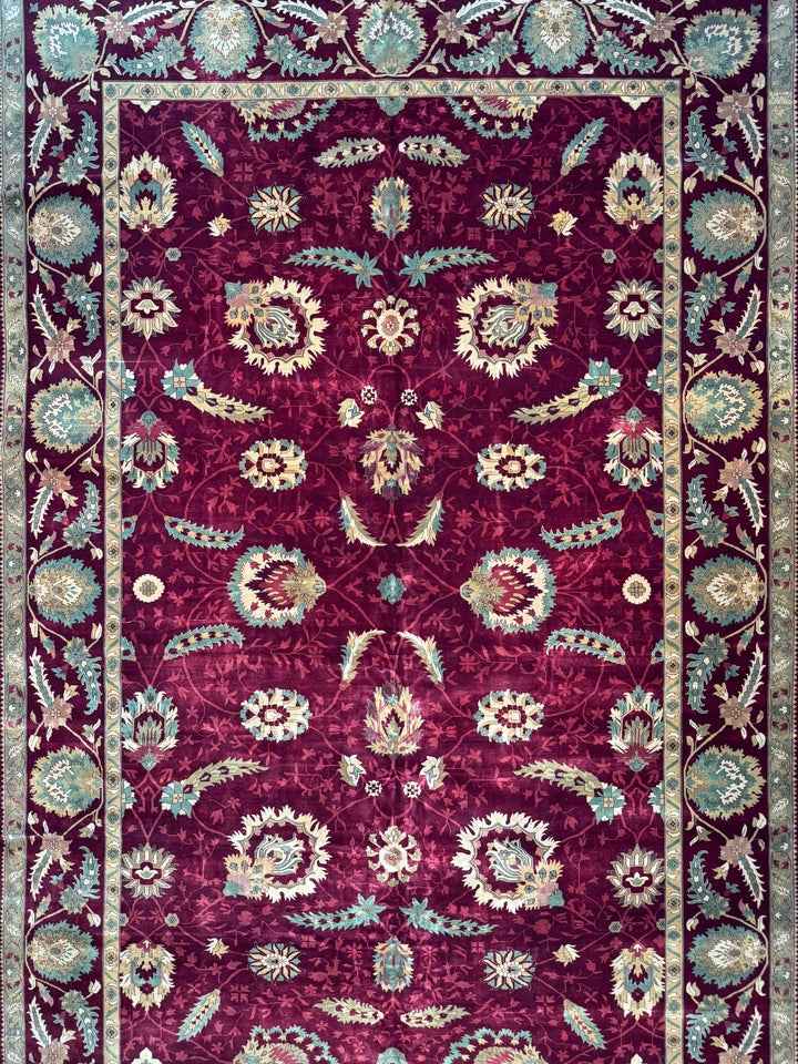 Burgundy &amp; Sage Floral Agra Style Rug – 11’10” x 18’