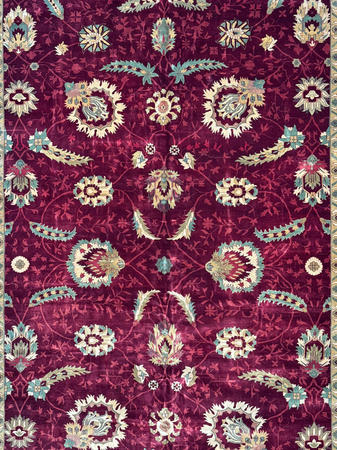 Burgundy &amp; Sage Floral Agra Style Rug – 11’10” x 18’