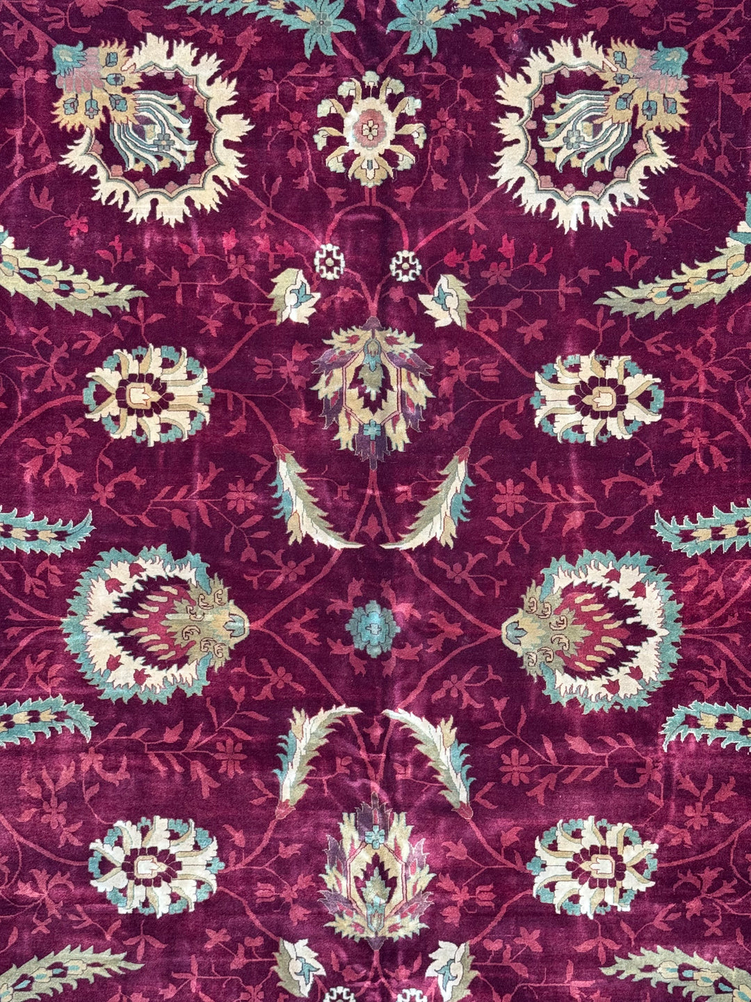 Burgundy &amp; Sage Floral Agra Style Rug – 11’10” x 18’