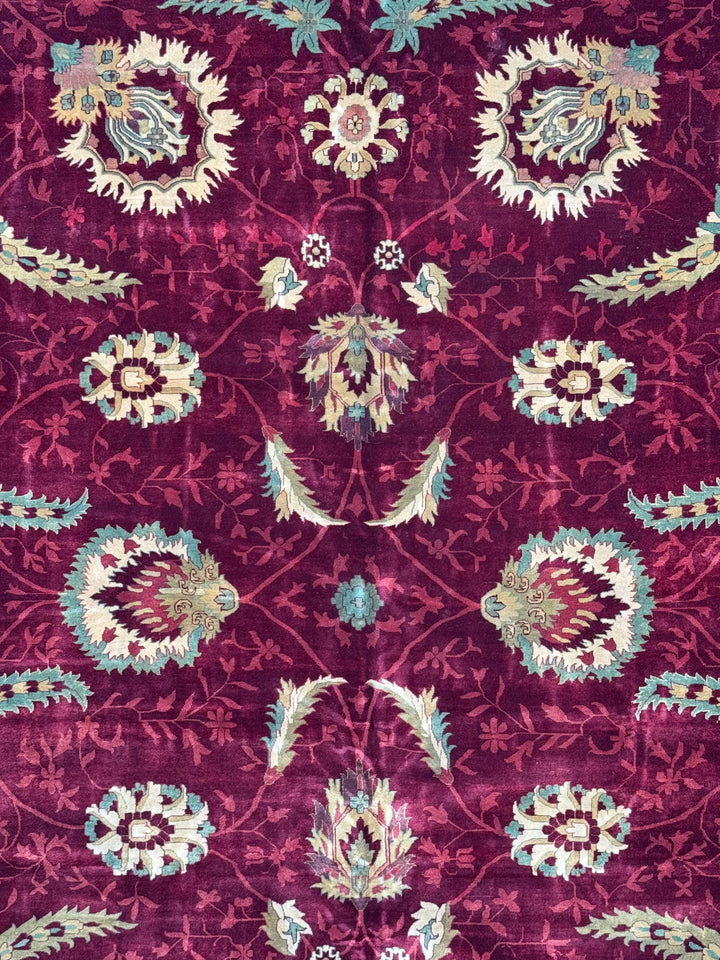 Burgundy &amp; Sage Floral Agra Style Rug – 11’10” x 18’