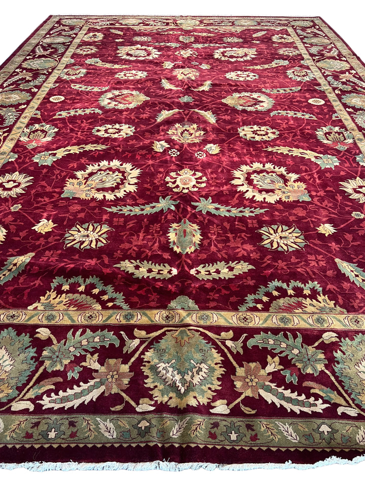 Burgundy &amp; Sage Floral Agra Style Rug – 11’10” x 18’