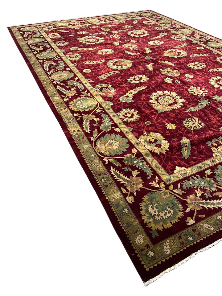 Burgundy &amp; Sage Floral Agra Style Rug – 11’10” x 18’