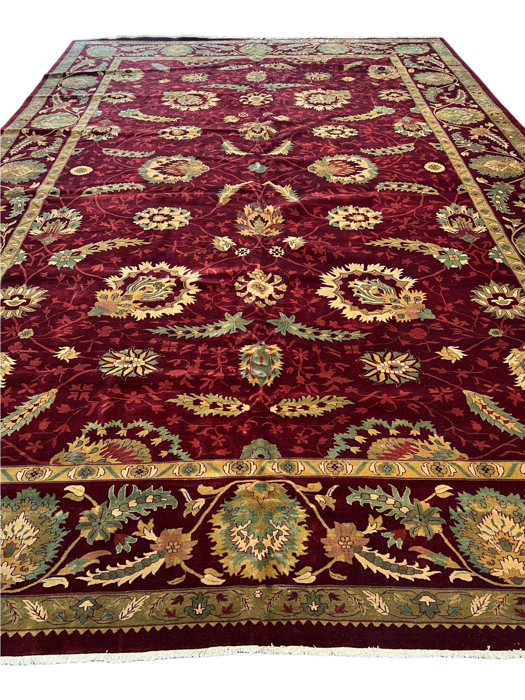 Burgundy &amp; Sage Floral Agra Style Rug – 11’10” x 18’