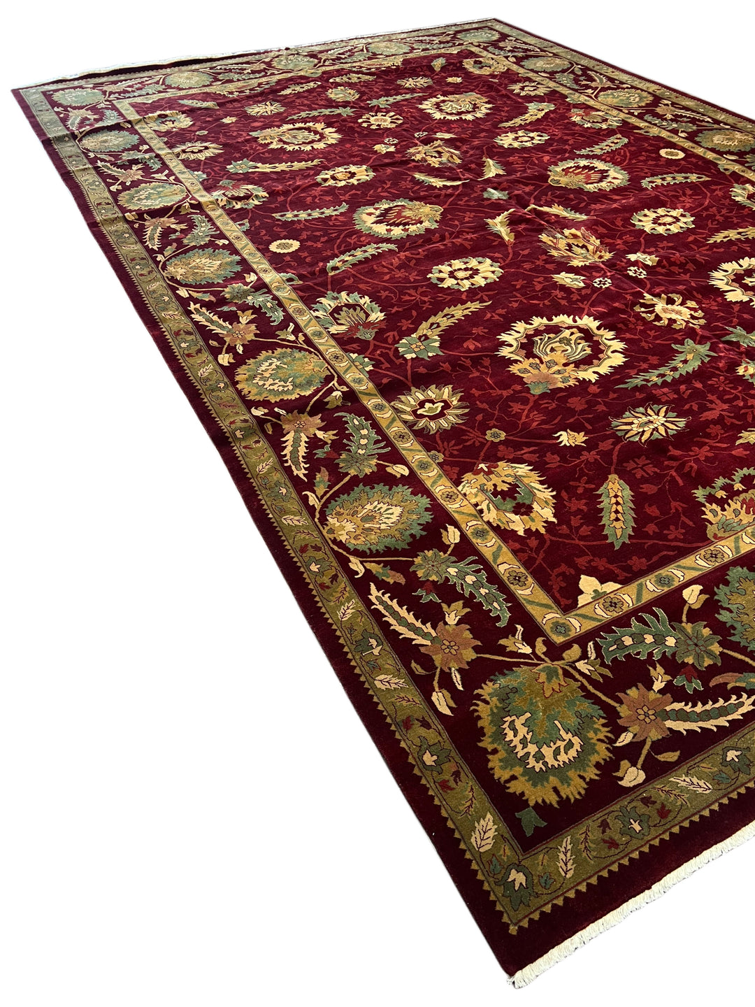 Burgundy &amp; Sage Floral Agra Style Rug – 11’10” x 18’