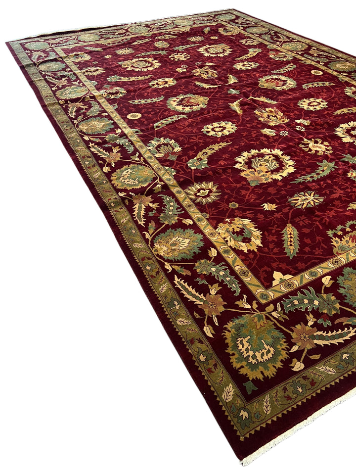 Burgundy &amp; Sage Floral Agra Style Rug – 11’10” x 18’