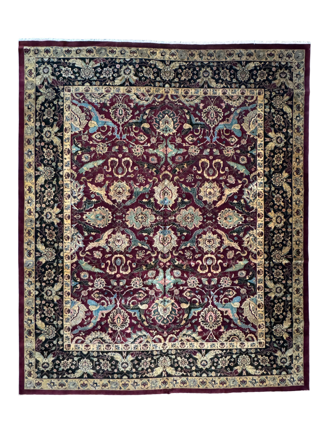 Burgundy &amp; Black Floral Indian Agra Style Rug – 12’1” x 14’7”