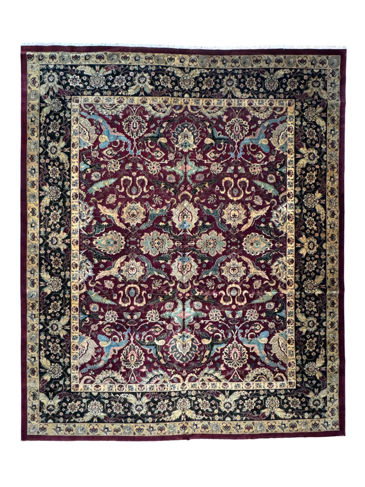 Burgundy &amp; Black Floral Indian Agra Style Rug – 12’1” x 14’7”