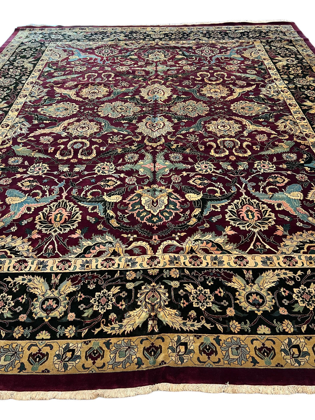 Burgundy &amp; Black Floral Indian Agra Style Rug – 12’1” x 14’7”