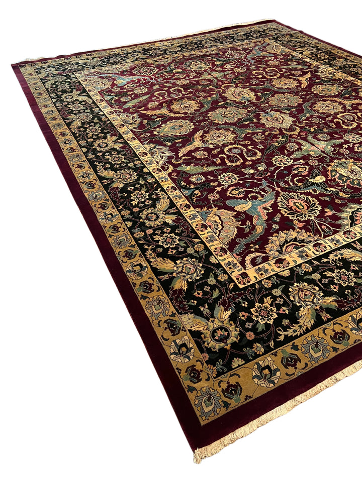 Burgundy &amp; Black Floral Indian Agra Style Rug – 12’1” x 14’7”