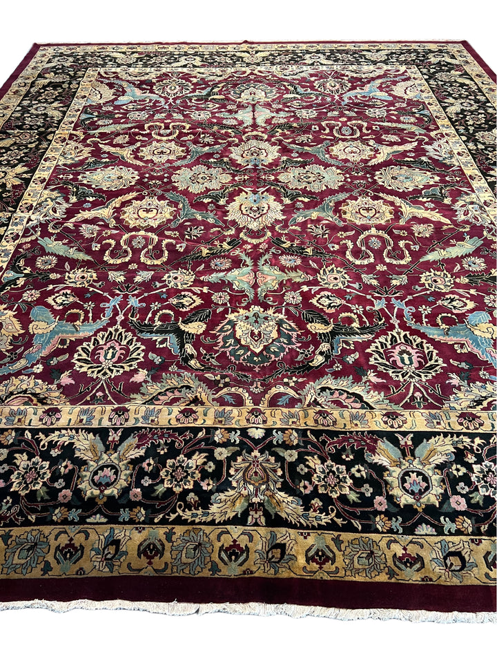 Burgundy &amp; Black Floral Indian Agra Style Rug – 12’1” x 14’7”