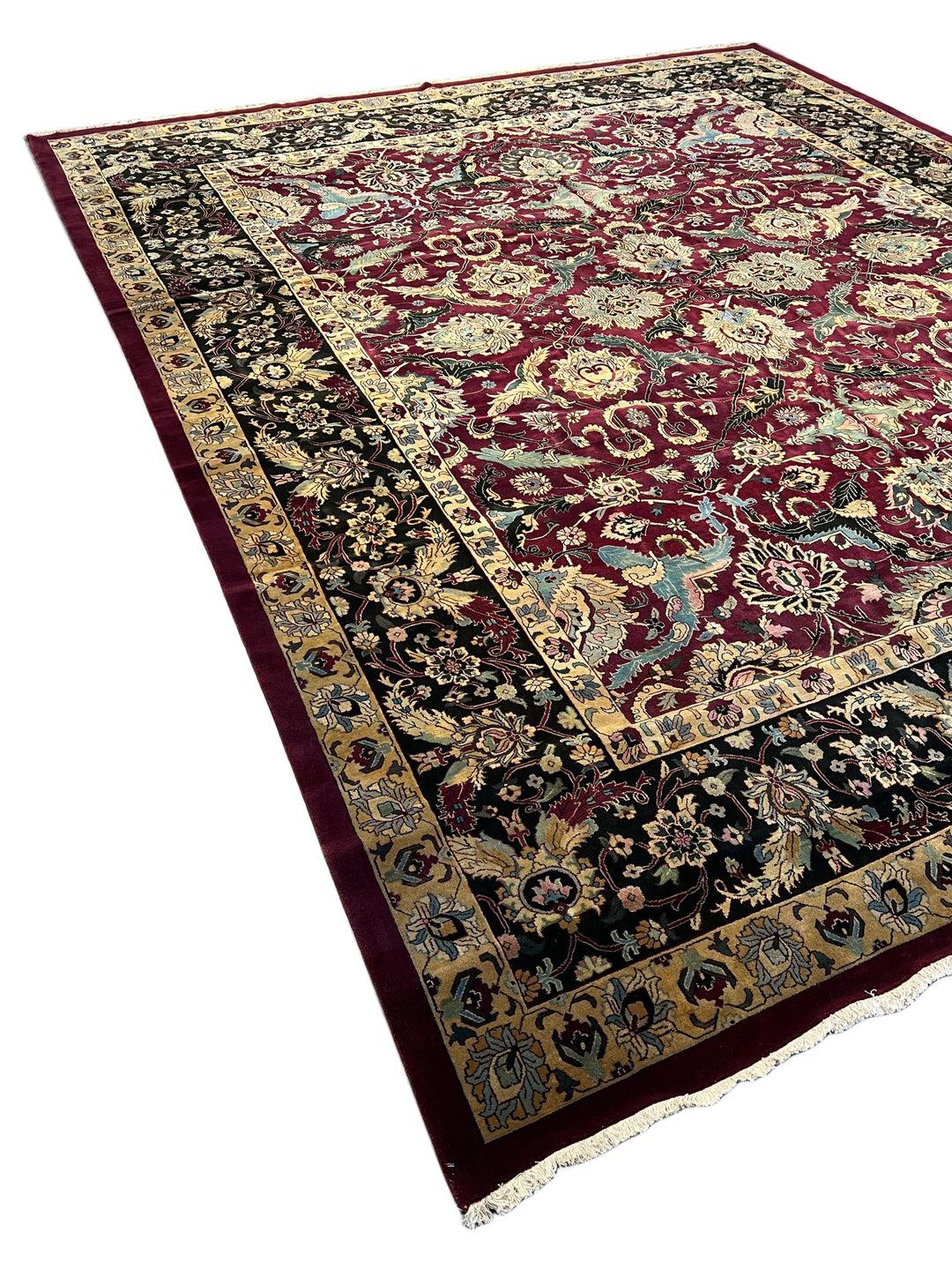 Burgundy &amp; Black Floral Indian Agra Style Rug – 12’1” x 14’7”