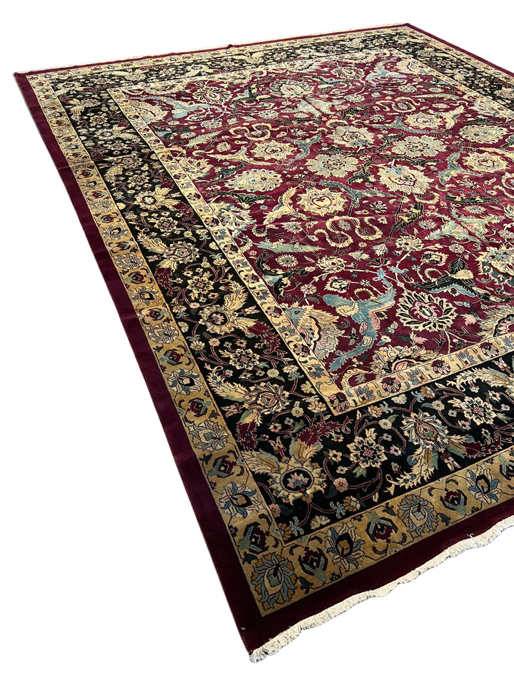 Burgundy &amp; Black Floral Indian Agra Style Rug – 12’1” x 14’7”