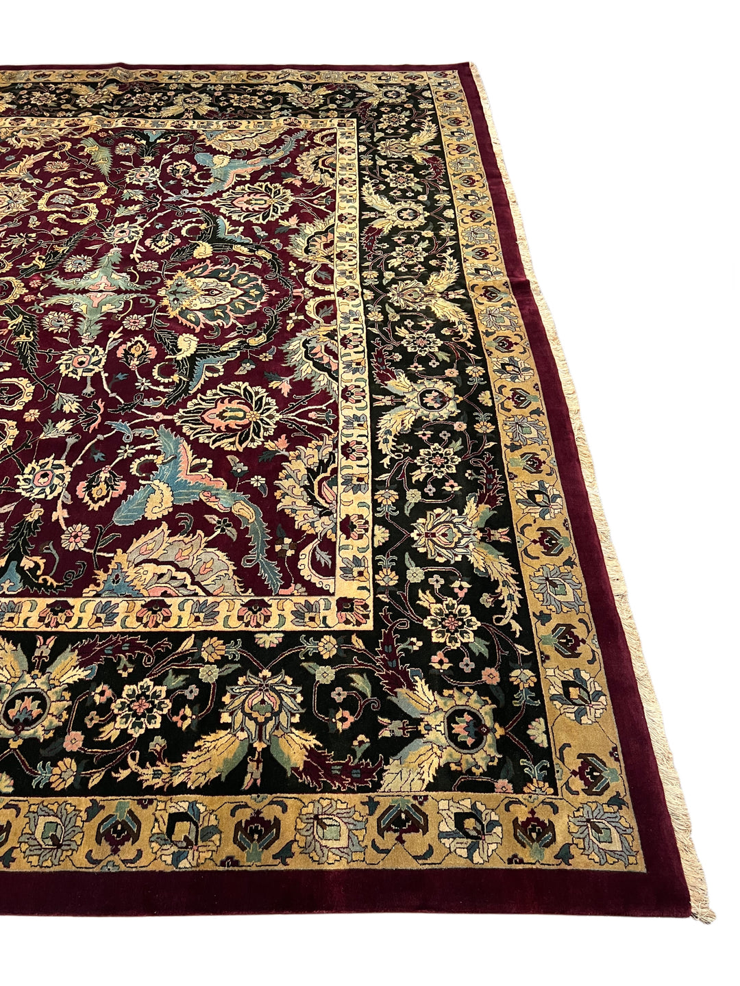 Burgundy &amp; Black Floral Indian Agra Style Rug – 12’1” x 14’7”