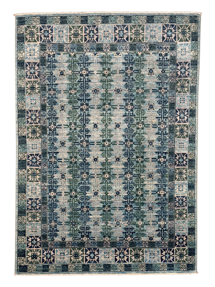 Soft Blue &amp; Sage Green Geometric Rug – 4’10” x 6’10”