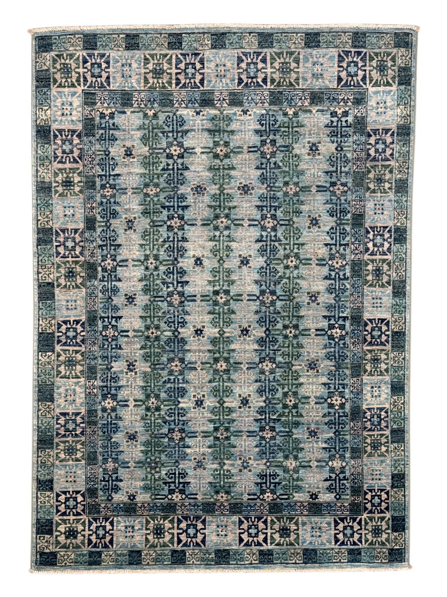 Soft Blue & Sage Green Geometric Rug – 4’10” x 6’10”