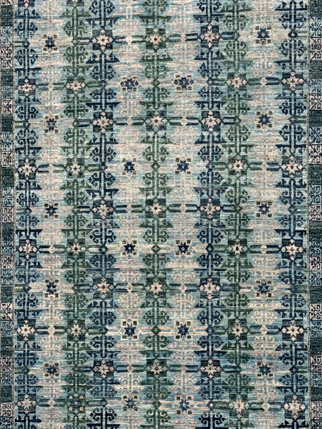 Soft Blue &amp; Sage Green Geometric Rug – 4’10” x 6’10”