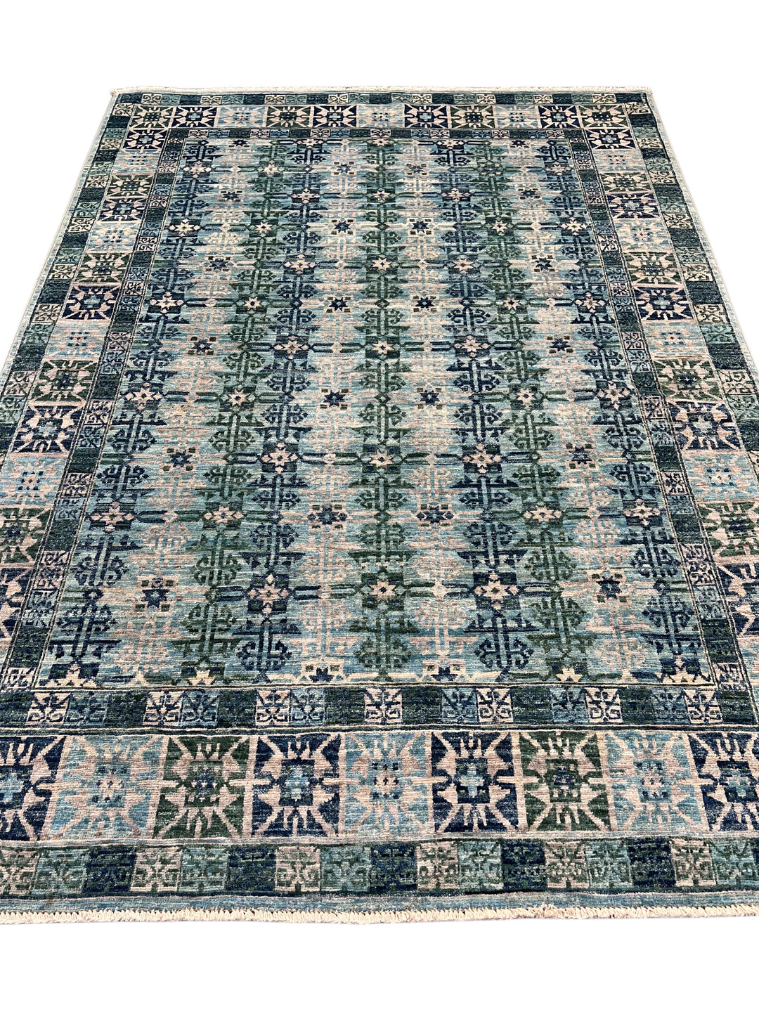 Soft Blue &amp; Sage Green Geometric Rug – 4’10” x 6’10”