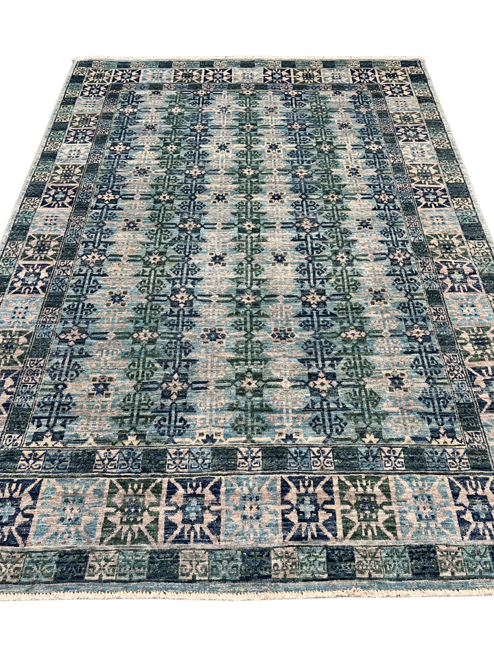 Soft Blue &amp; Sage Green Geometric Rug – 4’10” x 6’10”