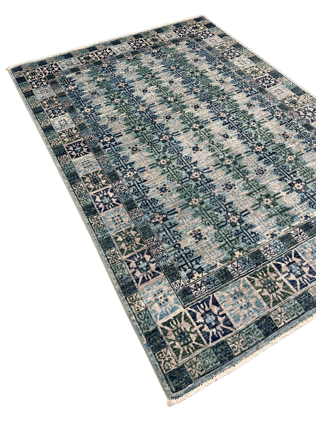 Soft Blue &amp; Sage Green Geometric Rug – 4’10” x 6’10”