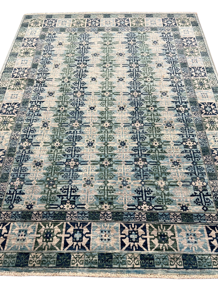 Soft Blue &amp; Sage Green Geometric Rug – 4’10” x 6’10”
