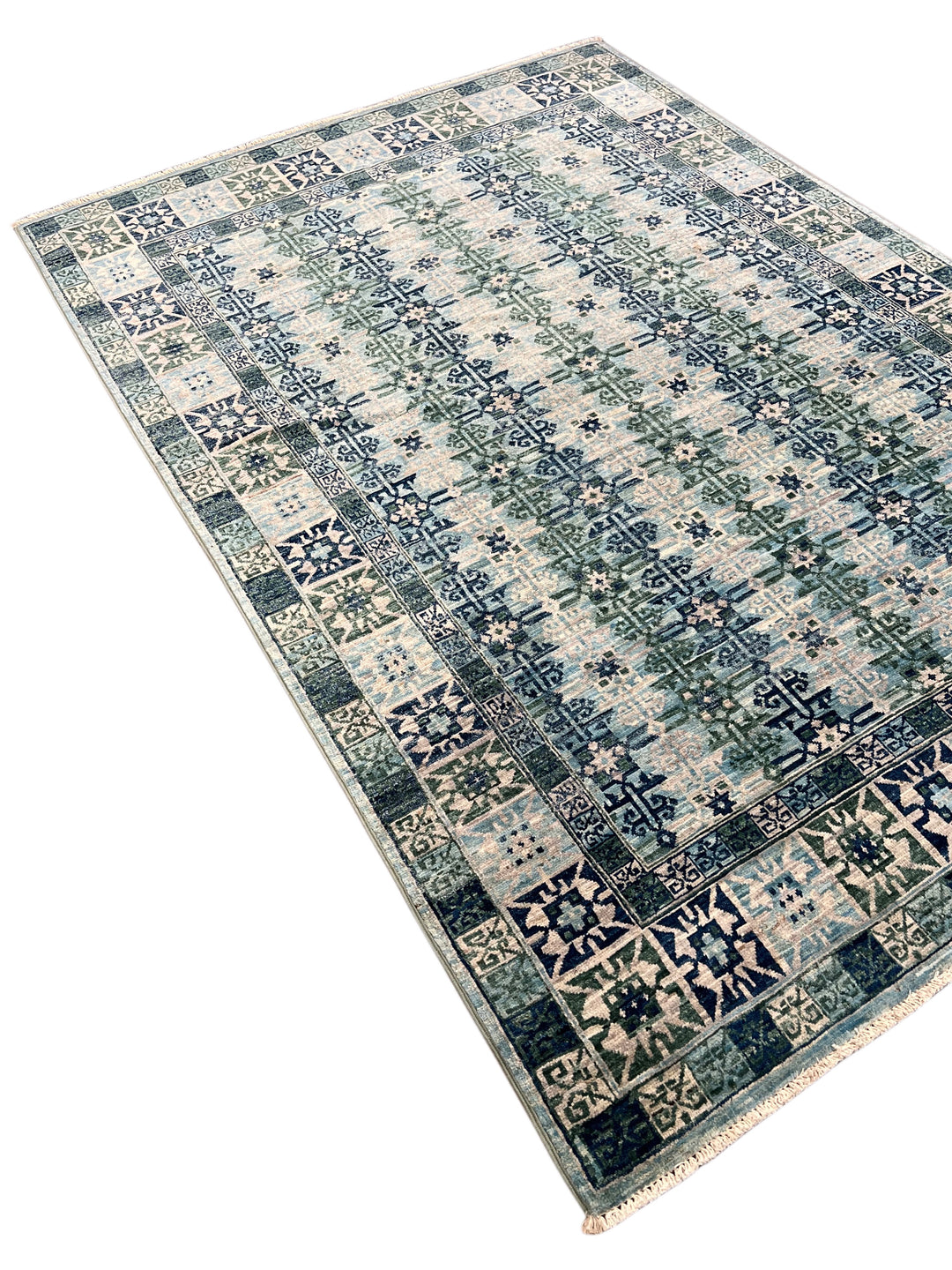 Soft Blue &amp; Sage Green Geometric Rug – 4’10” x 6’10”