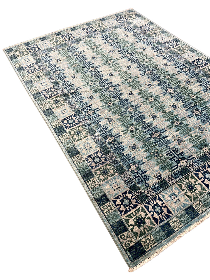 Soft Blue &amp; Sage Green Geometric Rug – 4’10” x 6’10”