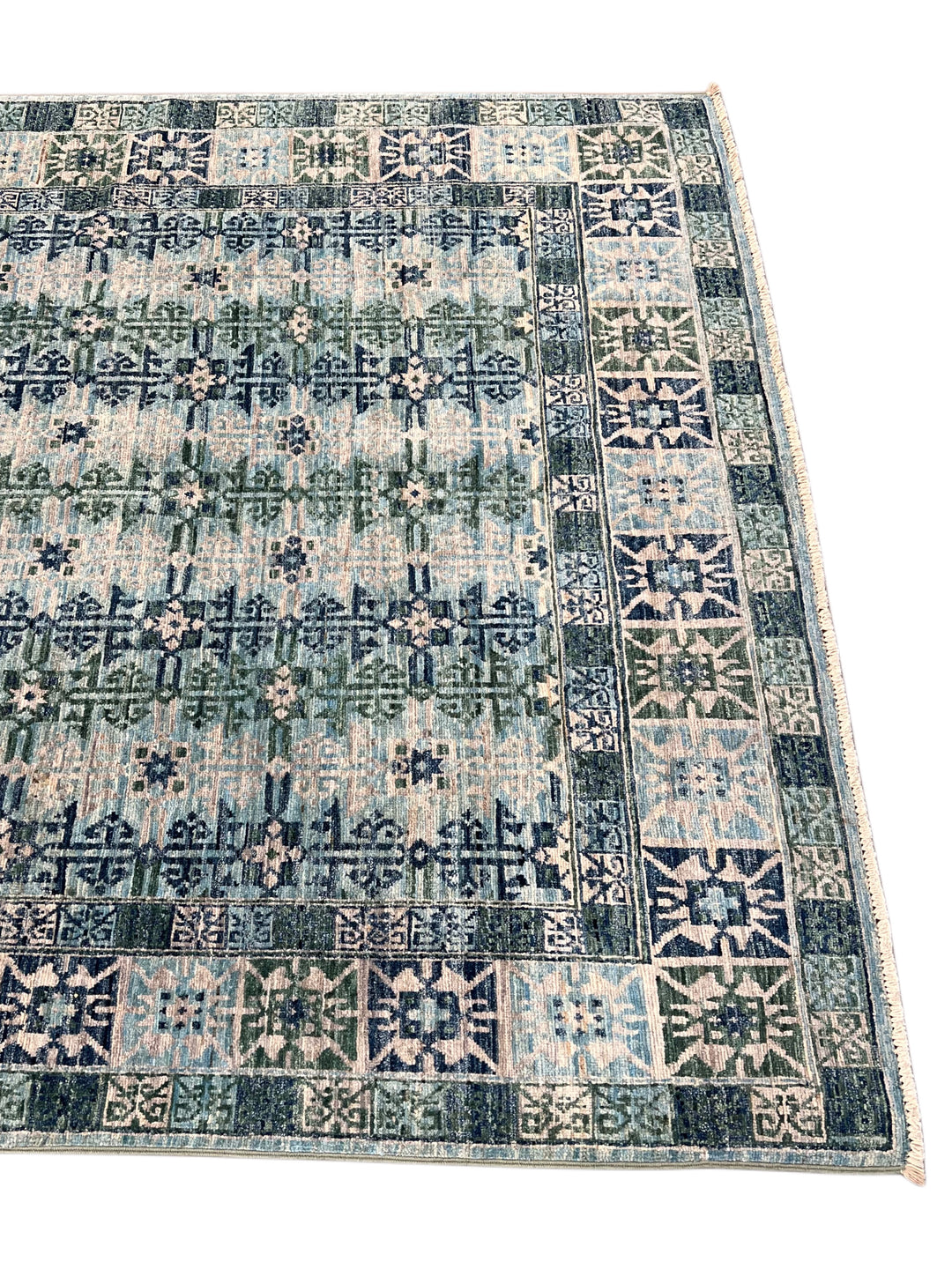 Soft Blue &amp; Sage Green Geometric Rug – 4’10” x 6’10”