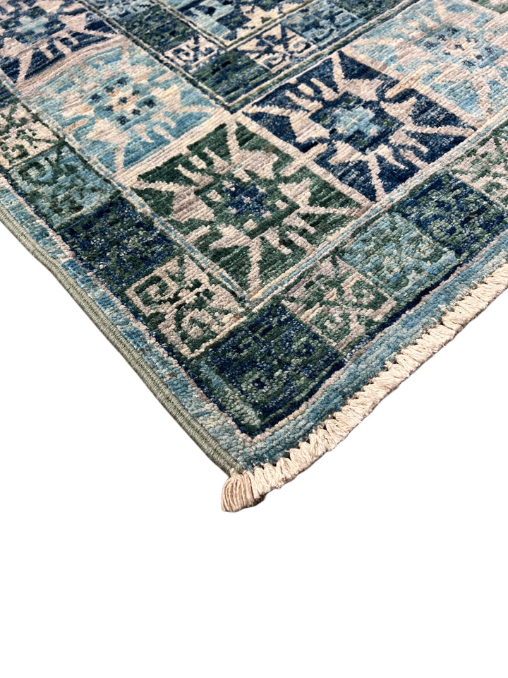 Soft Blue &amp; Sage Green Geometric Rug – 4’10” x 6’10”