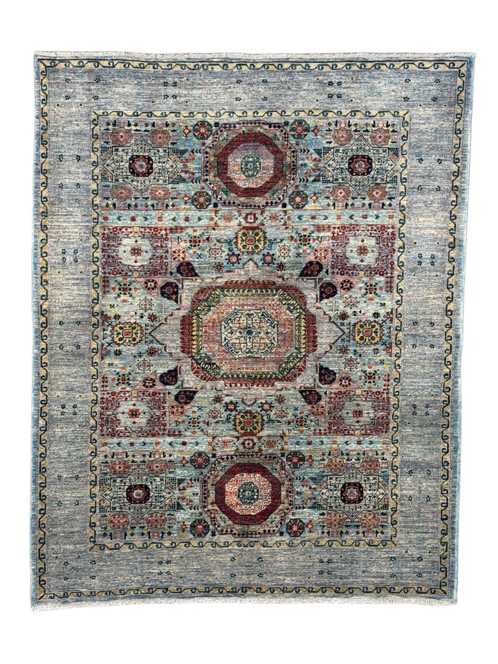 The Marlowe – Soft Blue &amp; Rust Geometric Medallion Rug – 5’0” x 6’4”