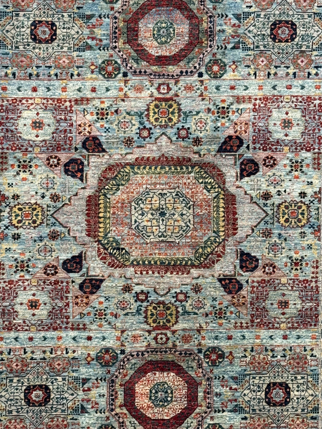 The Marlowe – Soft Blue &amp; Rust Geometric Medallion Rug – 5’0” x 6’4”
