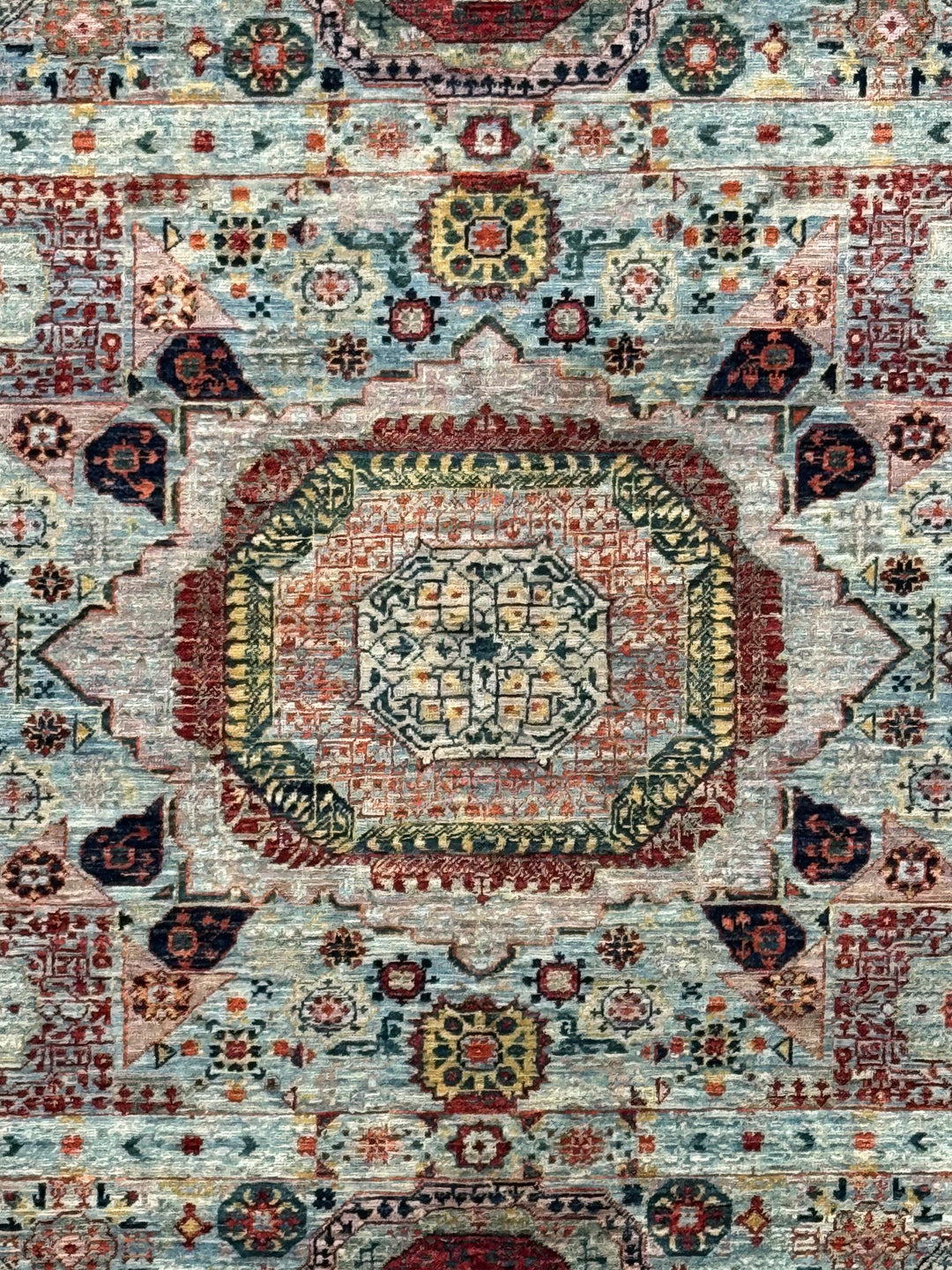 The Marlowe – Soft Blue &amp; Rust Geometric Medallion Rug – 5’0” x 6’4”