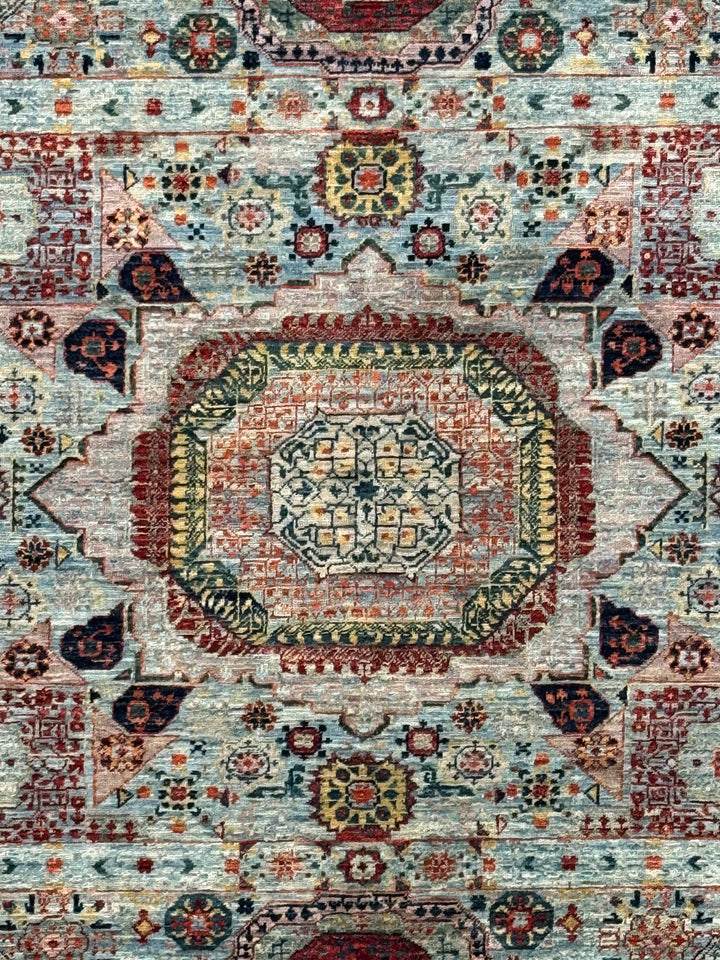 The Marlowe – Soft Blue &amp; Rust Geometric Medallion Rug – 5’0” x 6’4”