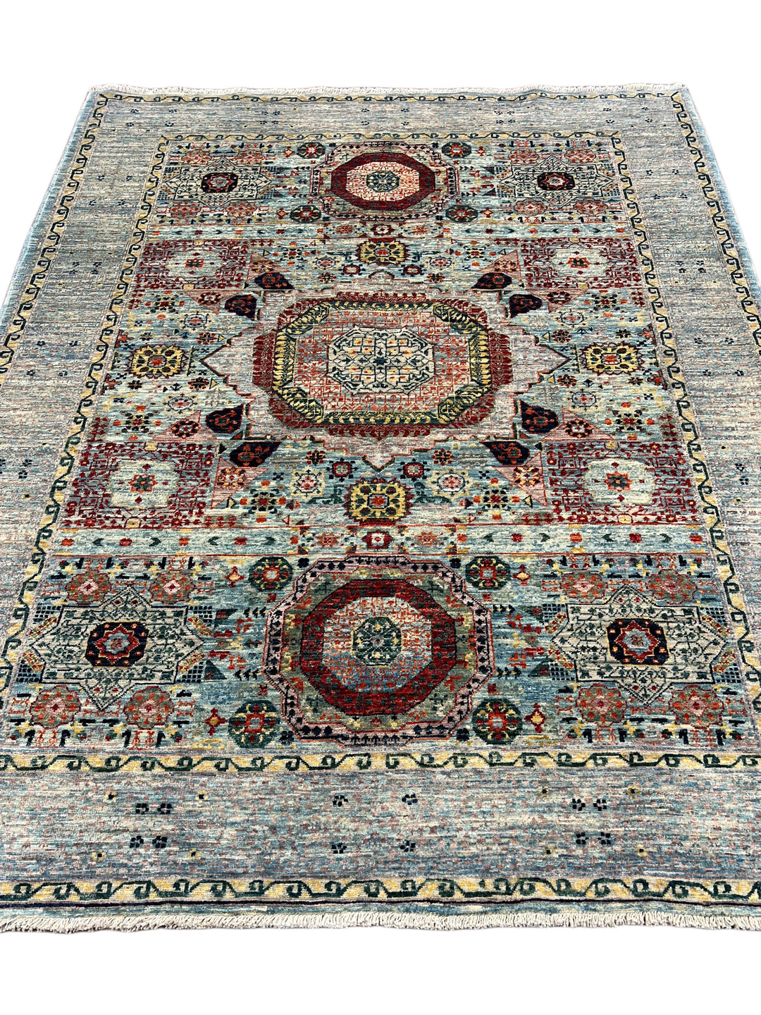 The Marlowe – Soft Blue &amp; Rust Geometric Medallion Rug – 5’0” x 6’4”
