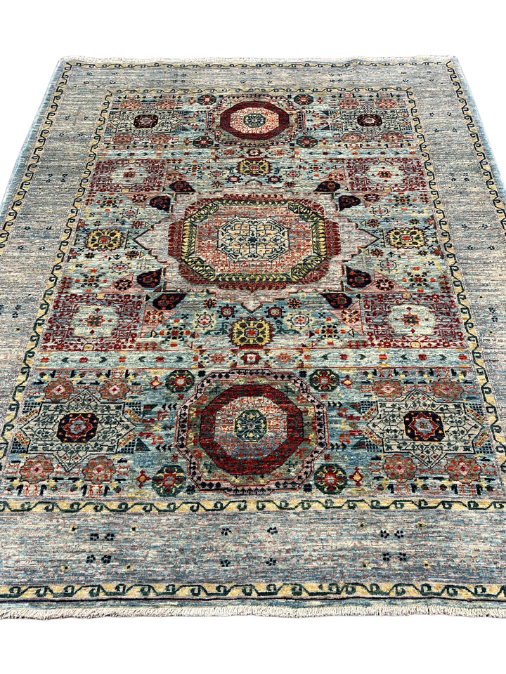 The Marlowe – Soft Blue &amp; Rust Geometric Medallion Rug – 5’0” x 6’4”