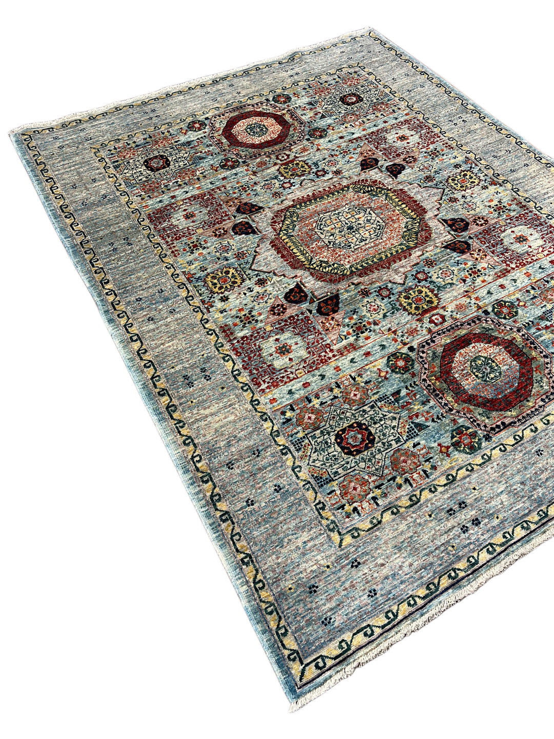 The Marlowe – Soft Blue &amp; Rust Geometric Medallion Rug – 5’0” x 6’4”