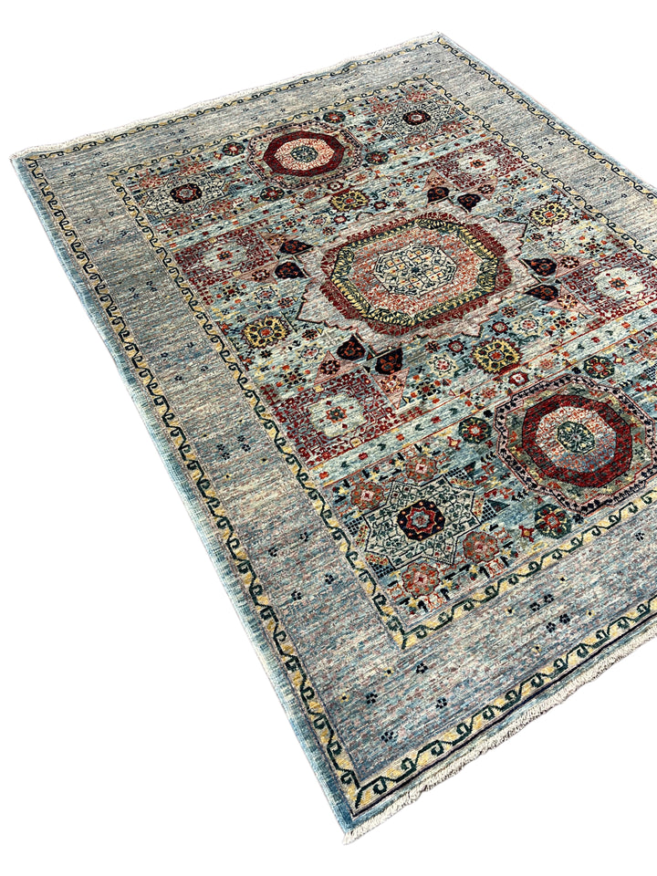The Marlowe – Soft Blue &amp; Rust Geometric Medallion Rug – 5’0” x 6’4”