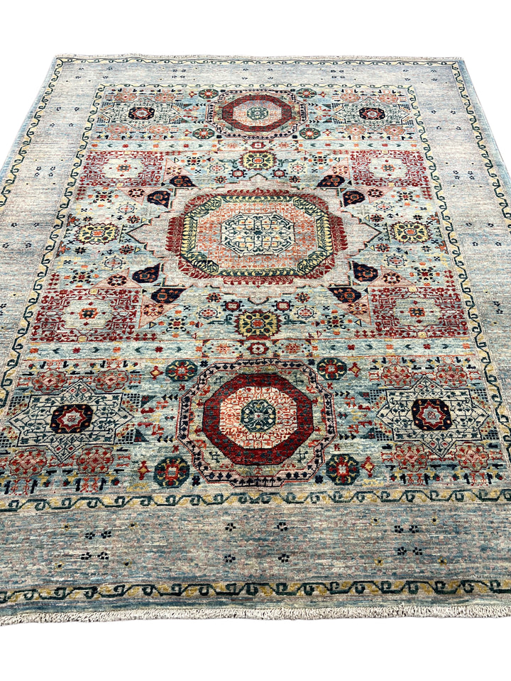The Marlowe – Soft Blue &amp; Rust Geometric Medallion Rug – 5’0” x 6’4”