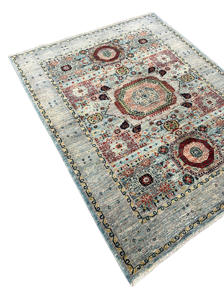 The Marlowe – Soft Blue &amp; Rust Geometric Medallion Rug – 5’0” x 6’4”