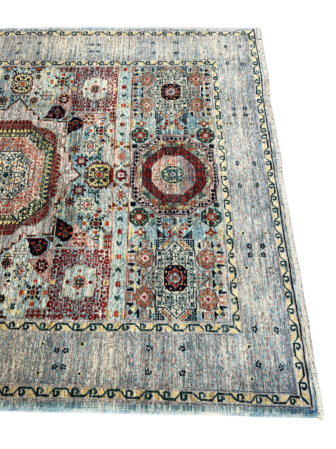 The Marlowe – Soft Blue &amp; Rust Geometric Medallion Rug – 5’0” x 6’4”
