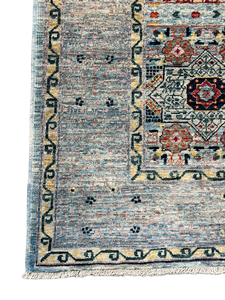 The Marlowe – Soft Blue &amp; Rust Geometric Medallion Rug – 5’0” x 6’4”
