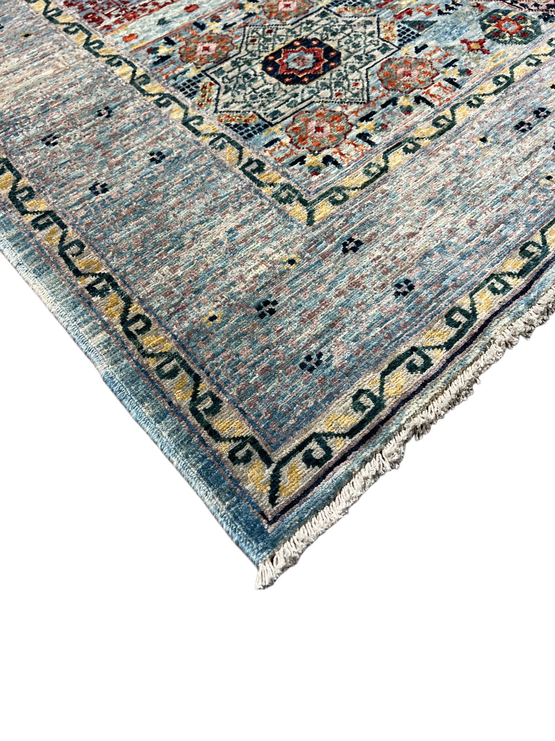 The Marlowe – Soft Blue &amp; Rust Geometric Medallion Rug – 5’0” x 6’4”
