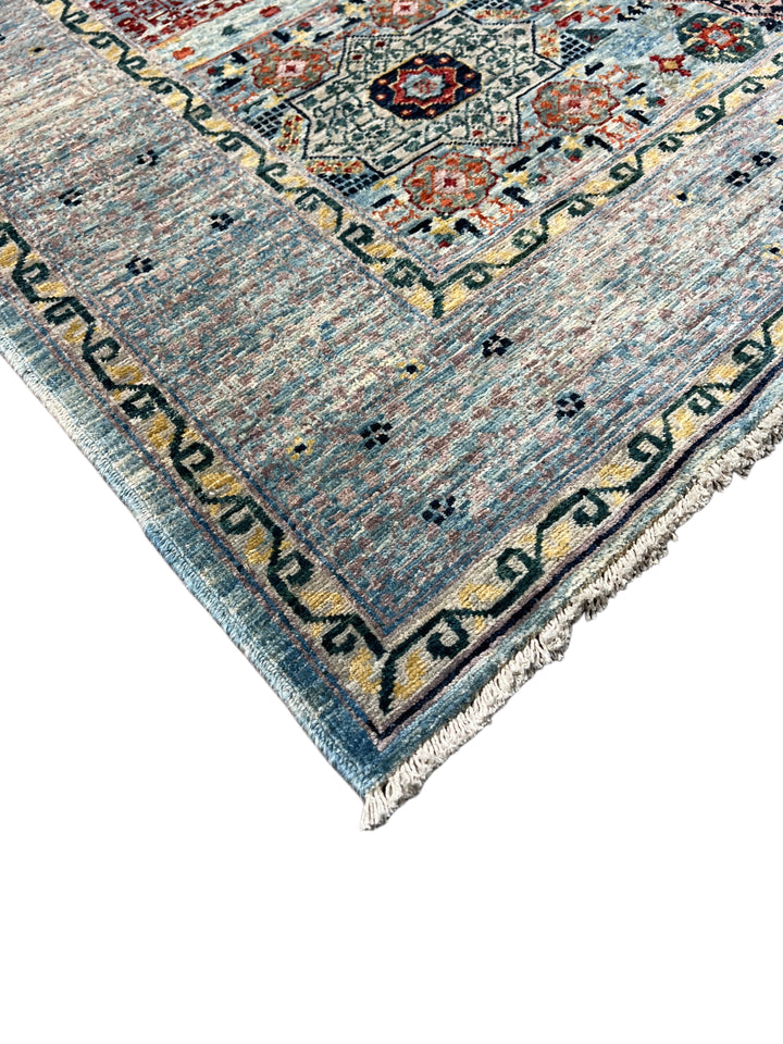 The Marlowe – Soft Blue &amp; Rust Geometric Medallion Rug – 5’0” x 6’4”